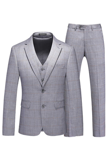 Grey Plaid Notched Lapel 3 Pieces Men's Formal Suits
